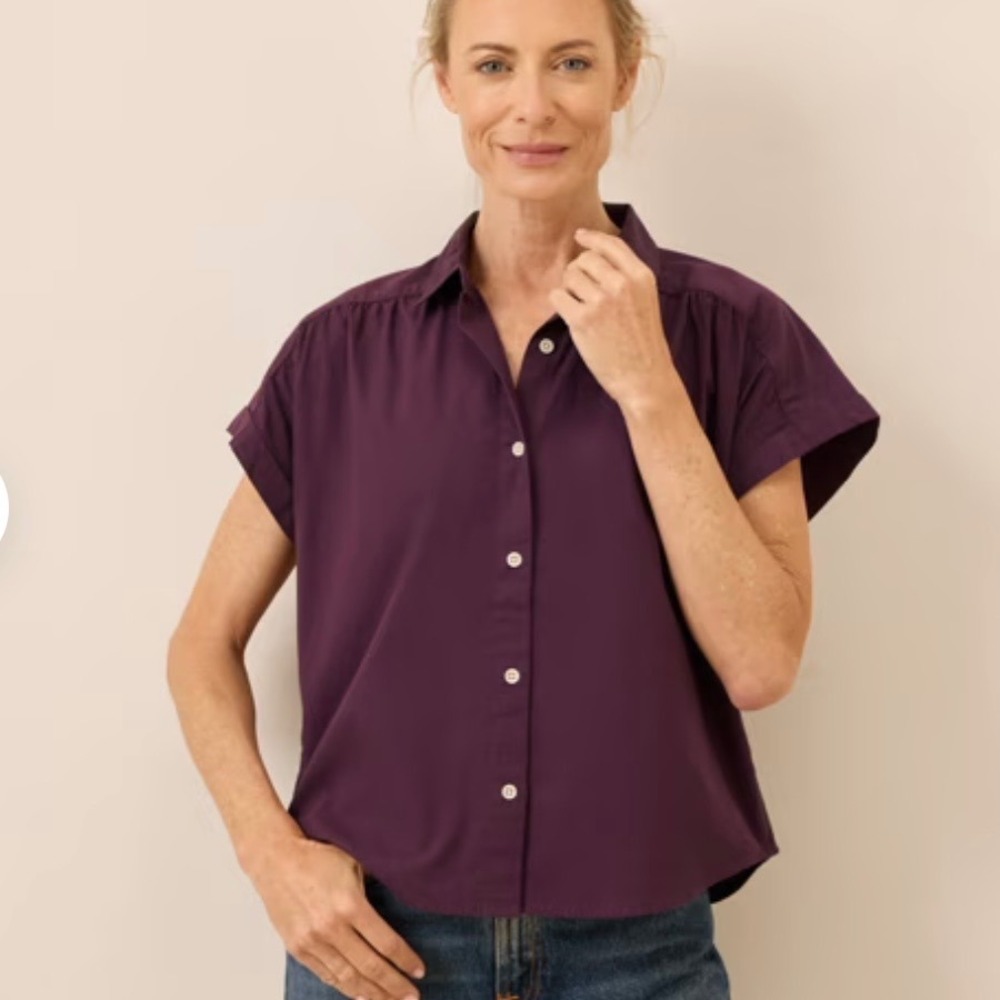 Pact Organic Cotton Short Sleeve Button Down Shirt Plum Purple Size Small